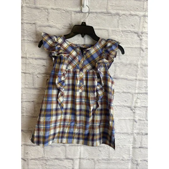 J. Crew Women’s Casual Preppy Ruffle Top Plaid Sleeveless Blouse Size 00 - Picture 1 of 8